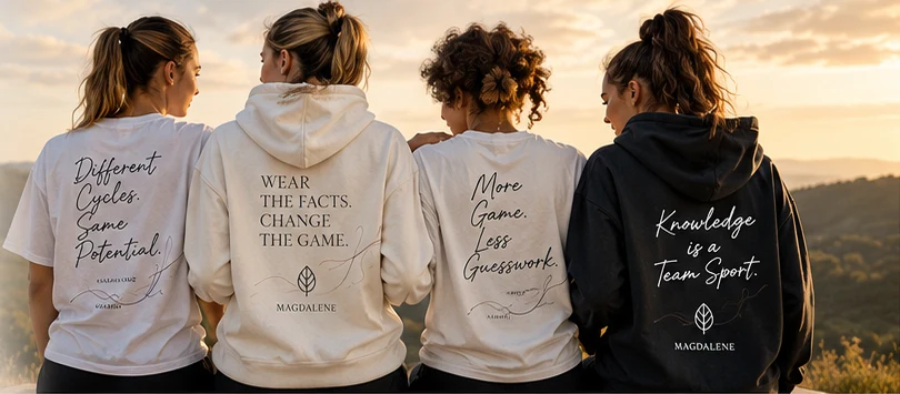 Four women in MAGDALENE tees and hoodies with Wear the Facts back prints